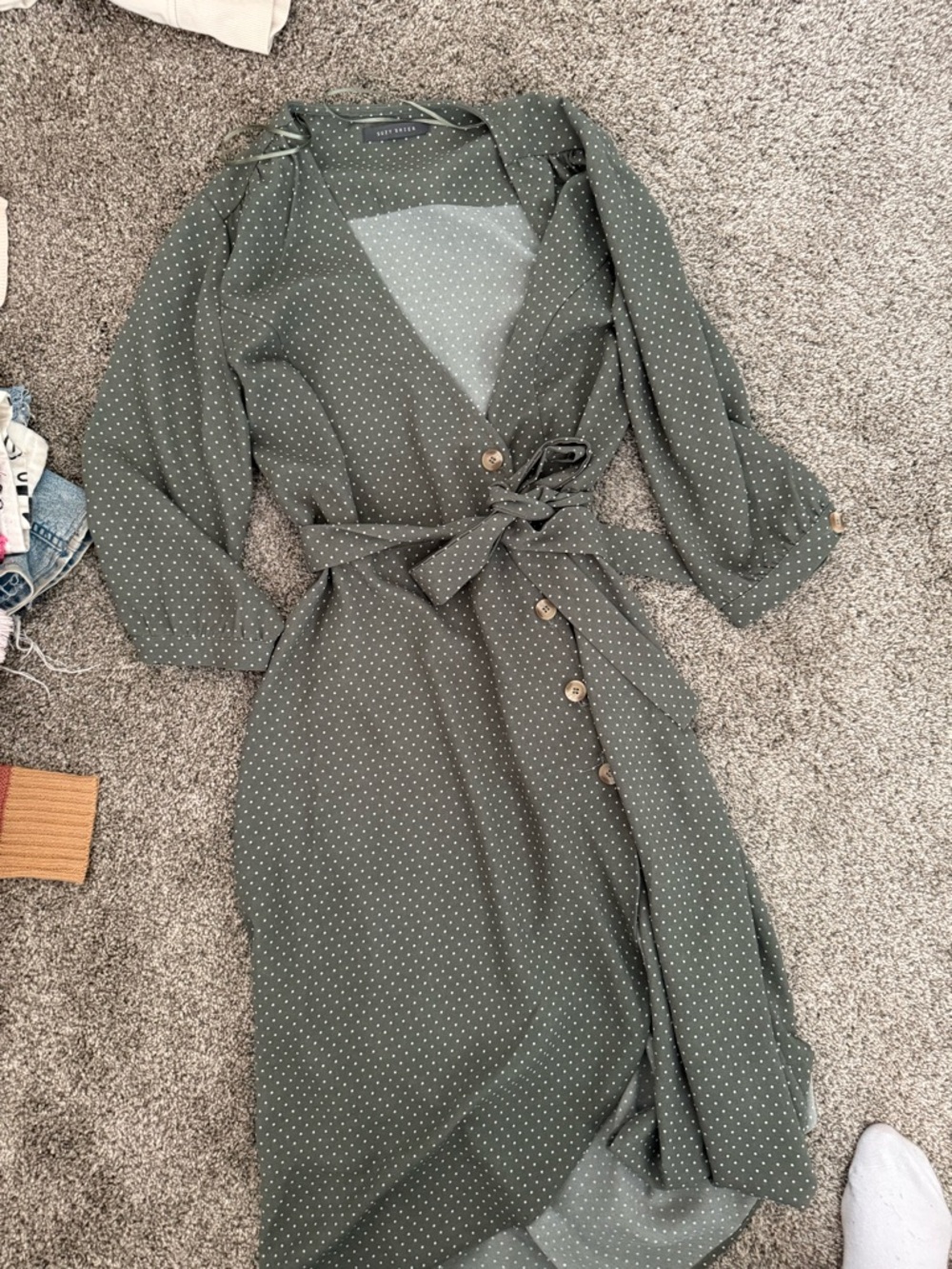 Suzy Shier Olive Green Polka Dot Wrap Dress